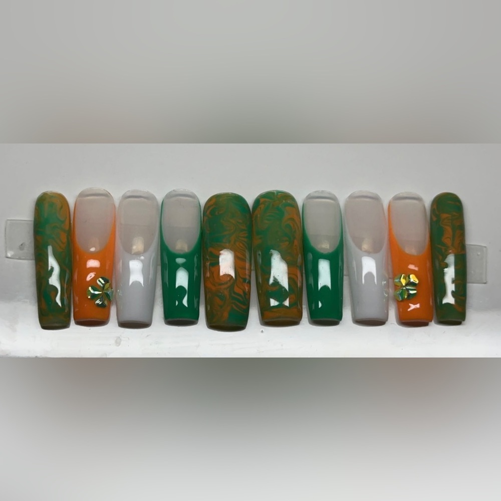 Green,orange,white French press on nails